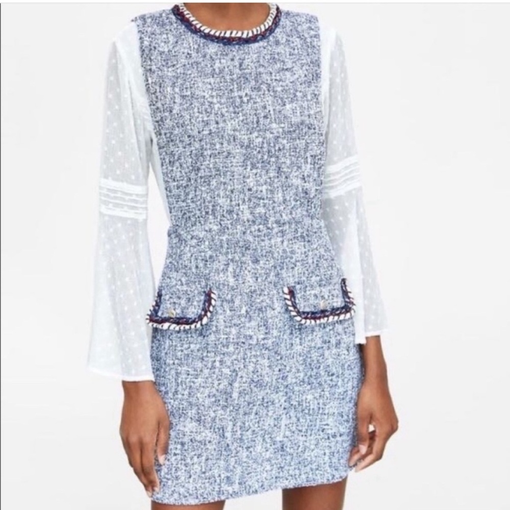 Zara Blue Tweed Pinafore Dress Size Small - Picture 2 of 6